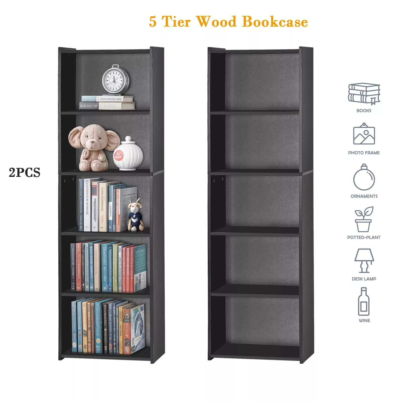 2PCS 5-Tier Bookcase Bookshelf Open Shelf Storage 